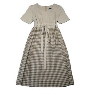 VTG Whirlaway Frocks Houndstooth Midi Dress 8P Tan Belted Modest Country Prairie